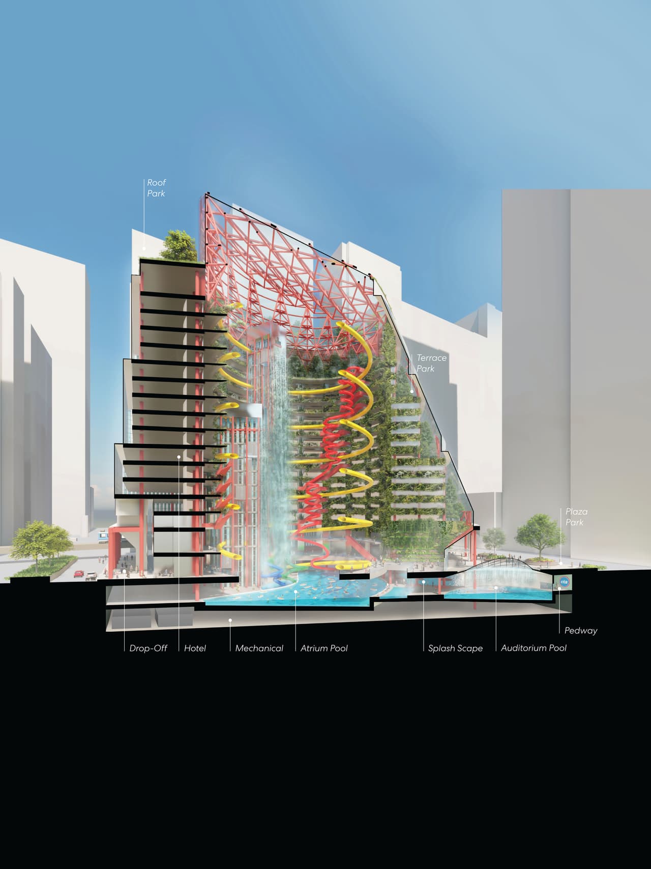 El hotel tendría un parque acuático con gigatescas caídas de agua en los jardines.