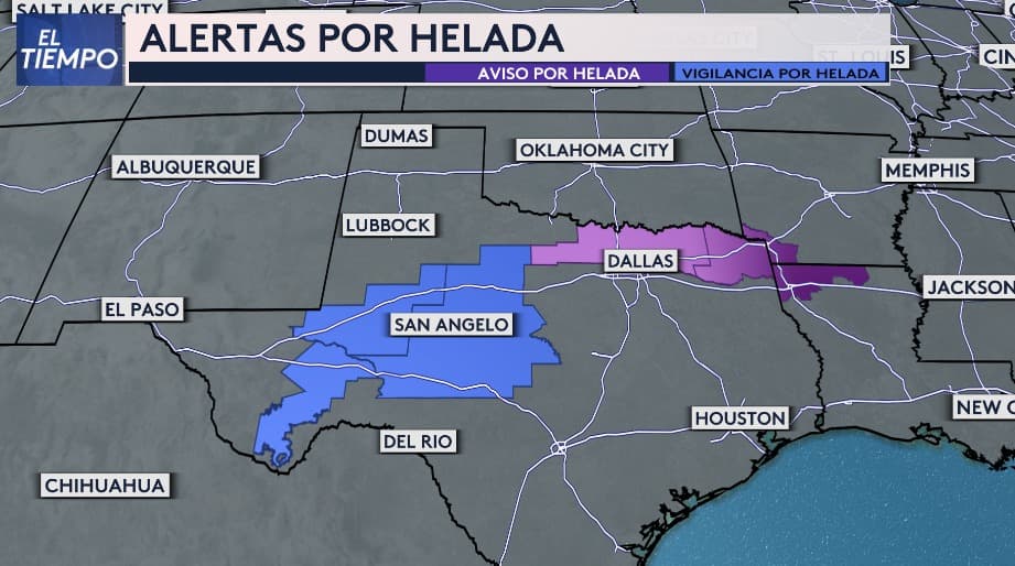 La zona del norte de Texas está en Aviso por Helada, mientras que zonas del oeste están bajo una vigilancia.