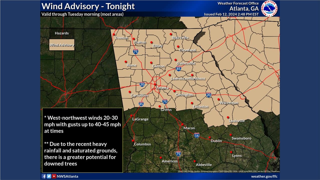 Este mapa muestra la zona de Georgia que se encuentra bajo aviso de viento hasta este martes 13 de febrero por la mañana.