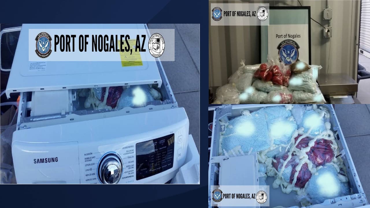 Agentes de CBP en el puerto de Nogales incautaron más de 200,000 pastillas de fentanilo y 4.60 libras de heroína escondidas dentro de una lavadora en la caja de un vehículo. 
<a href="https://twitter.com/CBPPortDirNOG/status/1356325131581227009/photo/1" target="_blank">El decomiso de drogas </a>t iene un valor estimado de 720,000 dólares. 
<br>