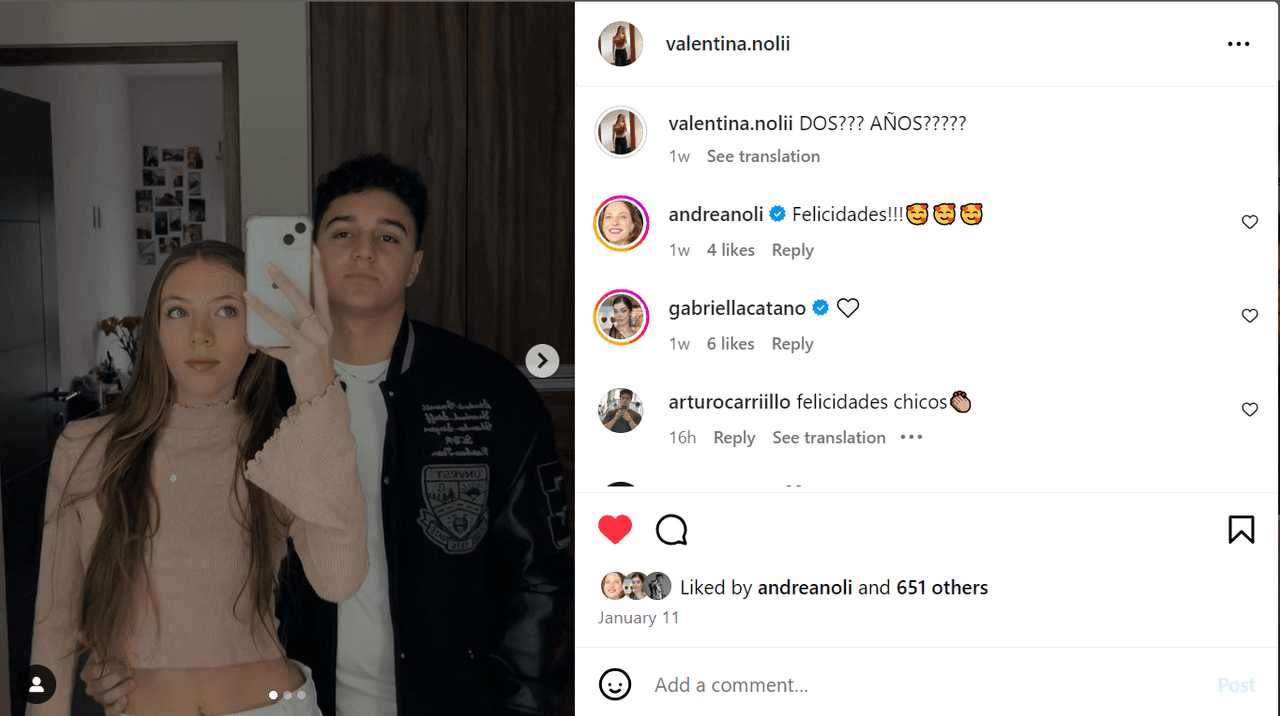 Gabriella Cataño reaccionó a la publicación de su hermana Valentina Noli.