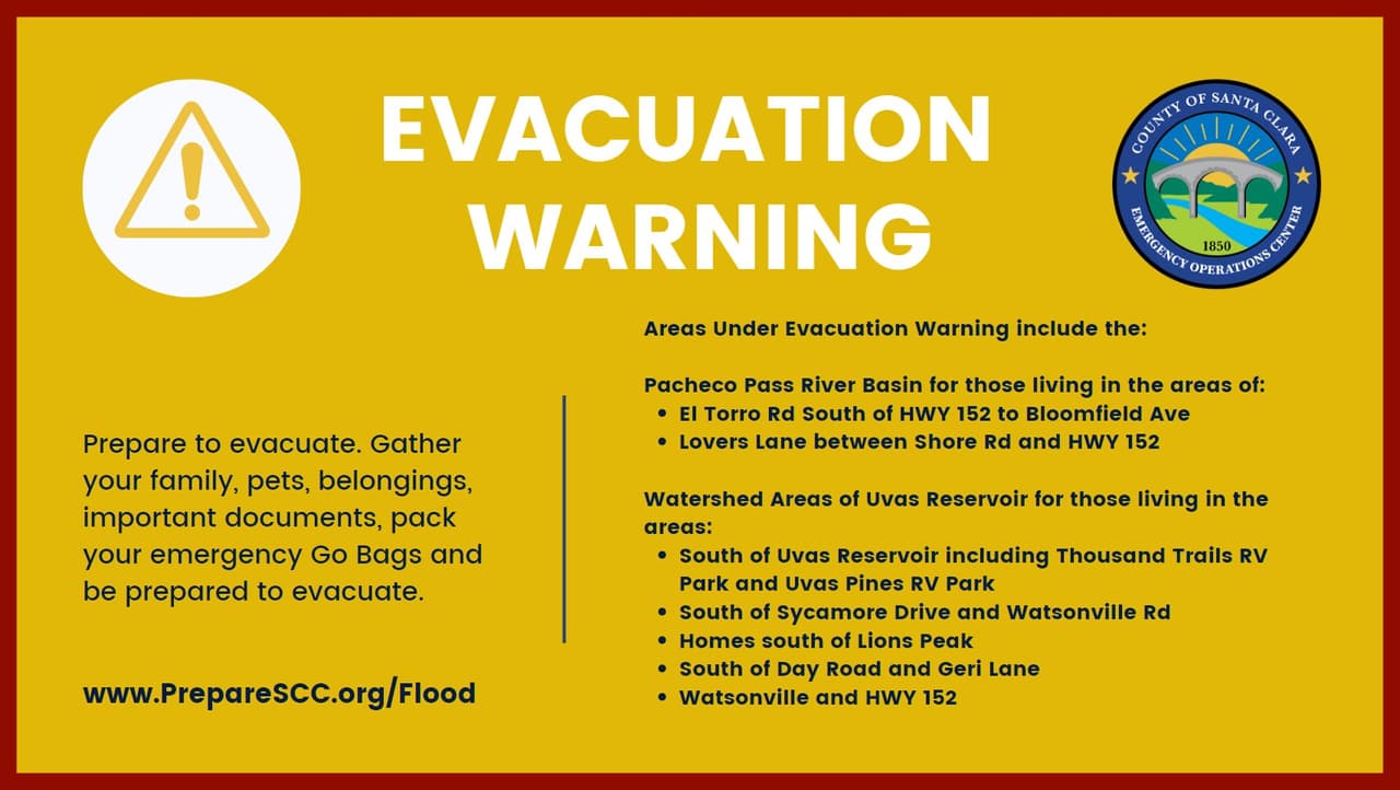Emiten advertencia de evacuación cerca del embalse Uvas y el río Pacheco Pass, en el condado de Santa Clara