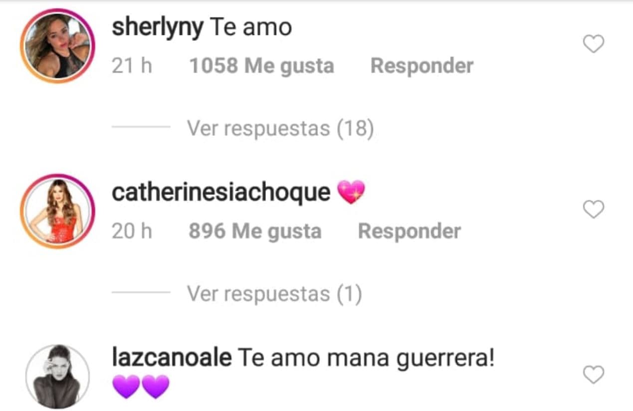 La actriz 
<b>Sherlyn, quien fue testigo en la boda de Geraldine y Gabriel</b>, le dejo un “Te amo”, mientras que Catherine Siachoque, su compañera de televisora, le envió un emoji en forma de corazón.
