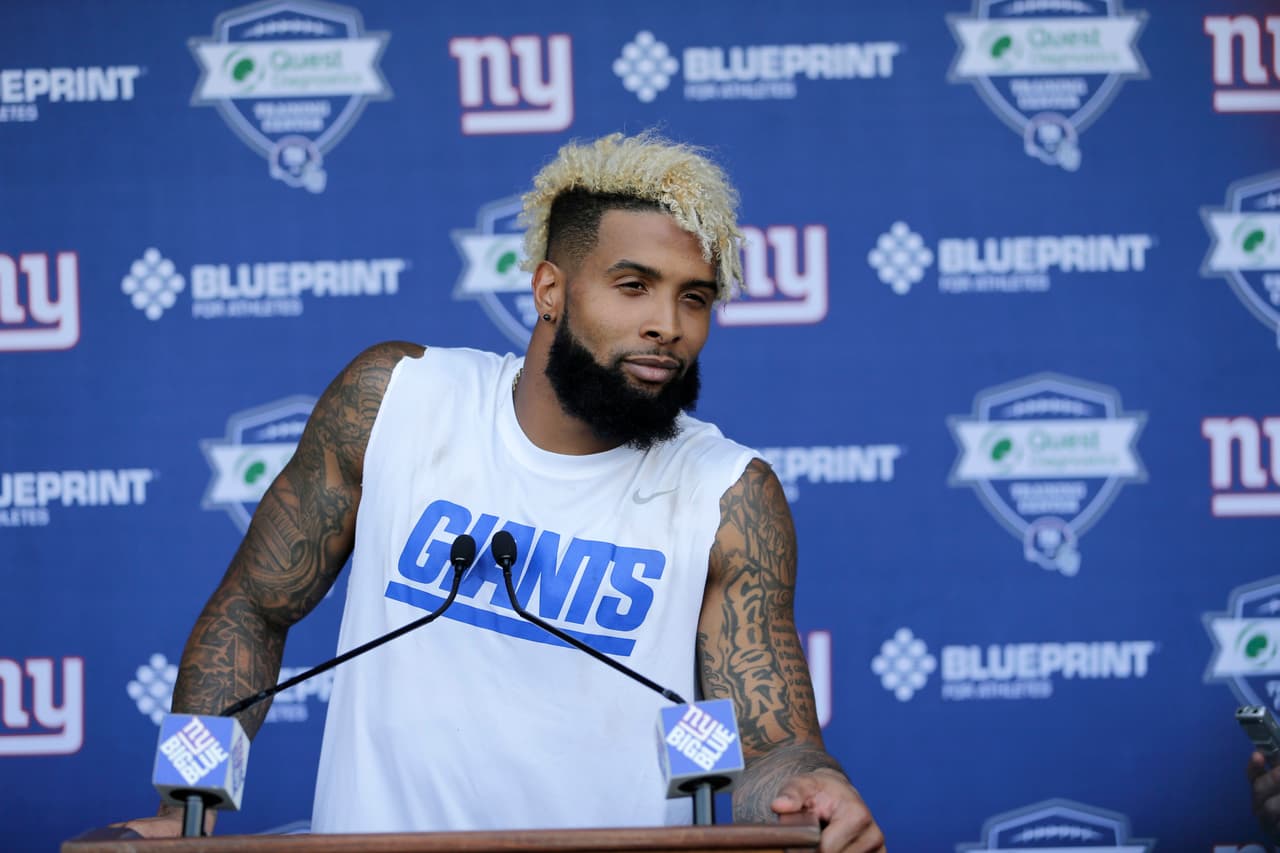 New York Giants' Odell Beckham, Jr. talks to reporters after a NFL football practice in East Rutherford, N.J., Tuesday, June 13, 2017. (AP Photo/Seth Wenig)