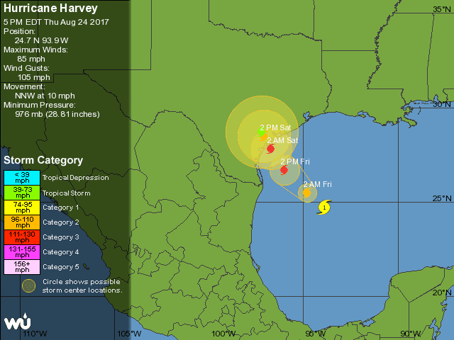 Depiction of official National Hurricane Center track forecast for Harvey issued at 4 pm CDT Thursday, August 24. The hurricane is predicted to stall near the central Texas coast on Saturday,