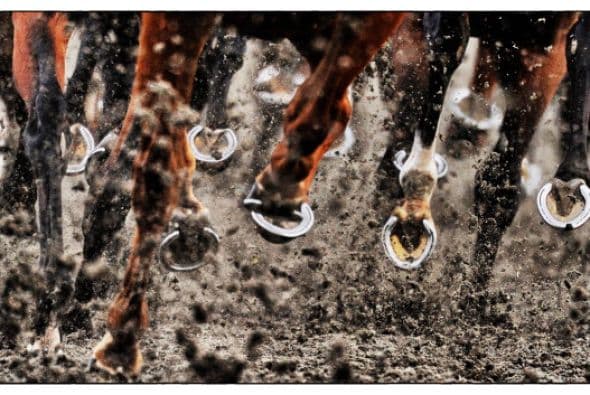 Imagen de los cascos de los caballos tomadas en el hipódromo de Kemptom Park, Inglaterra.