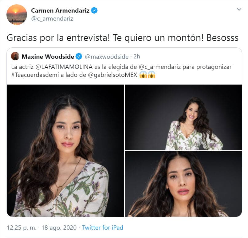 Con este mensaje en Twitter, Carmen Armendáriz confirmó que la protagonista de '¿Te acuerdas de mí'? es Fátima Molina.