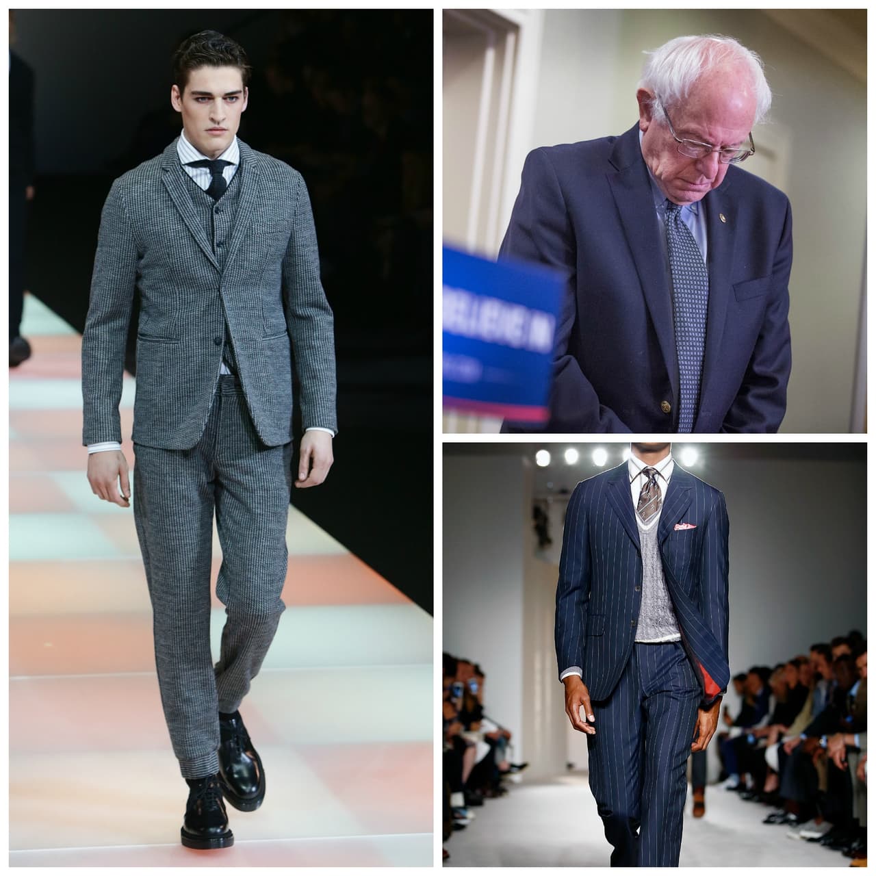 Las décadas de los 80 y los 90 son recordadas por esos amplios traje de corbata que hacían parecer que los hombres flotaban en ellos. Bernie Sanders podría apostar por sacos con más estructura y que se ajusten mejor a sus hombros, con eso ganará más presencia escénica. También puede variar el azul, que es ya un sello de sus trajes, por uno gris que es sinónimo de elegancia, o seguir con su color favorito con uno raya de tiza.