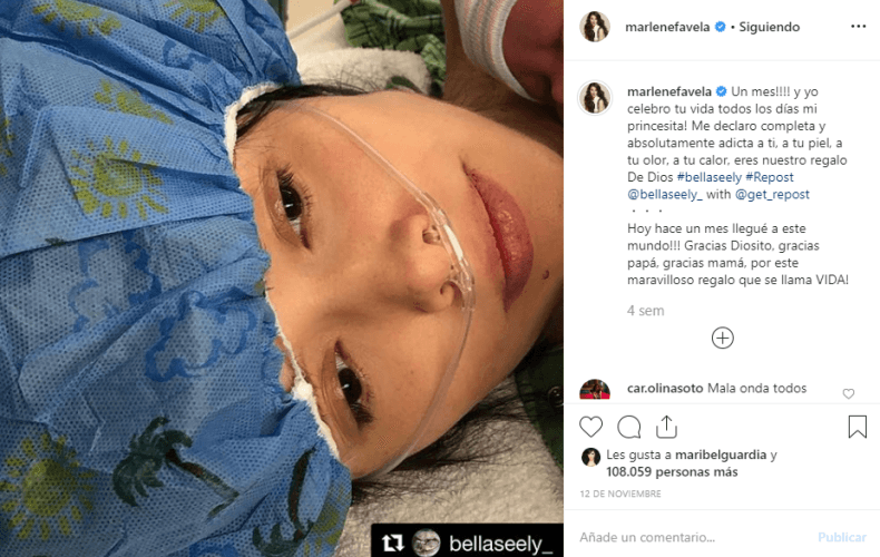 La primogénita de la actriz cumplió su primer mes el 12 de noviembre pasado y para celebrarlo Marlene publicó esta imagen. "¡Un mes! Y yo celebro tu vida todos los días mi princesita. Me declaro completa y absolutamente adicta a ti, a tu piel, a tu olor, a tu calor, eres nuestro regalo de Dios", escribió.