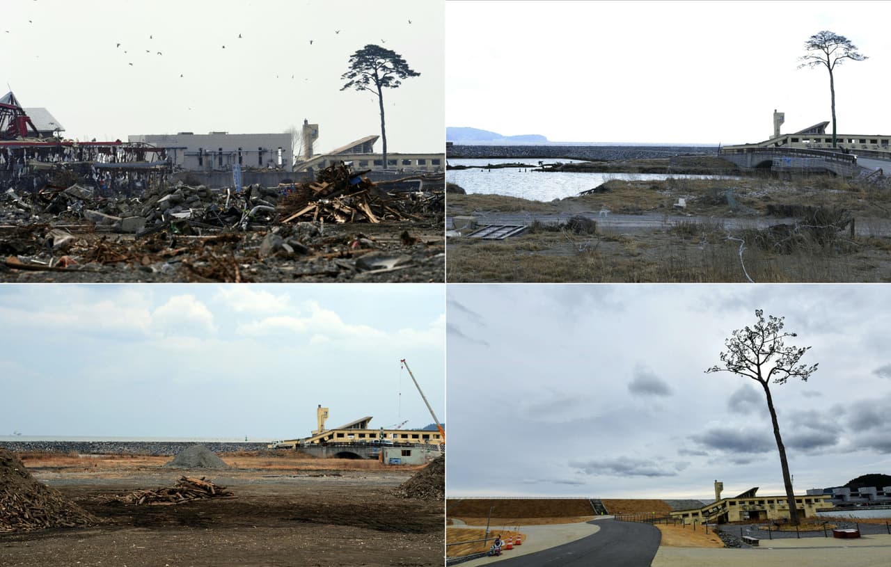 Rikuzentakata, prefectura Iwate . Arriba y a la izquierda, 29 de marzo de 2011; arriba a la derecha, enero de 2021; abajo a la izquierda, febrero de 2013 y abajo a la derecha, 27 de febrero de 2021.