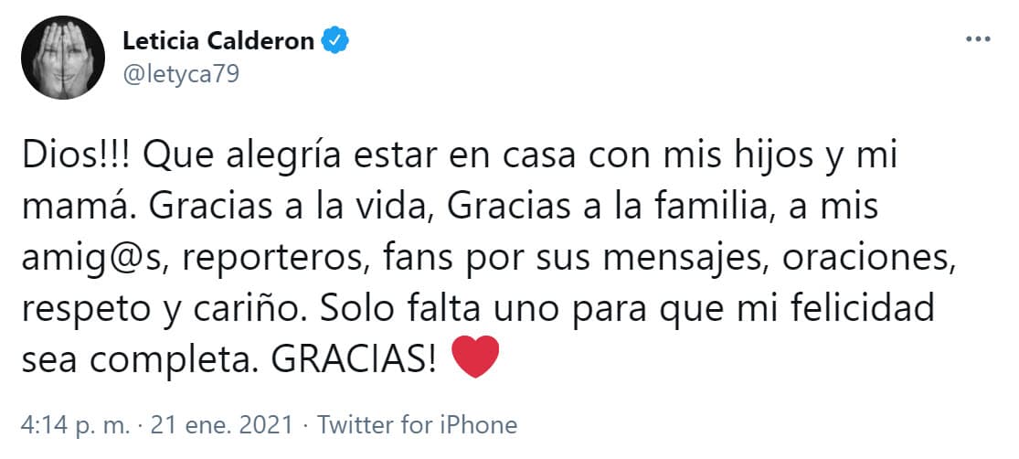 Desde que Lety enfermó de coronavirus, utilizó su perfil de Twitter para mantener informados a la prensa y a sus seguidores de 
<b>su evolución y la de su padre. </b>
<br>