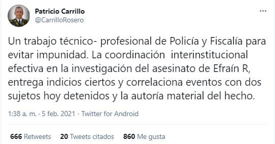 Patricio Carrillo, comandante general de la Policía Nacional del Ecuador, escribió en Twitter que la detención había sido resultado de la coordinación de la policía y la fiscalía. Refirió la "entrega de indicios ciertos y correlaciona eventos con dos sujetos hoy detenidos y la autoría material del hecho".