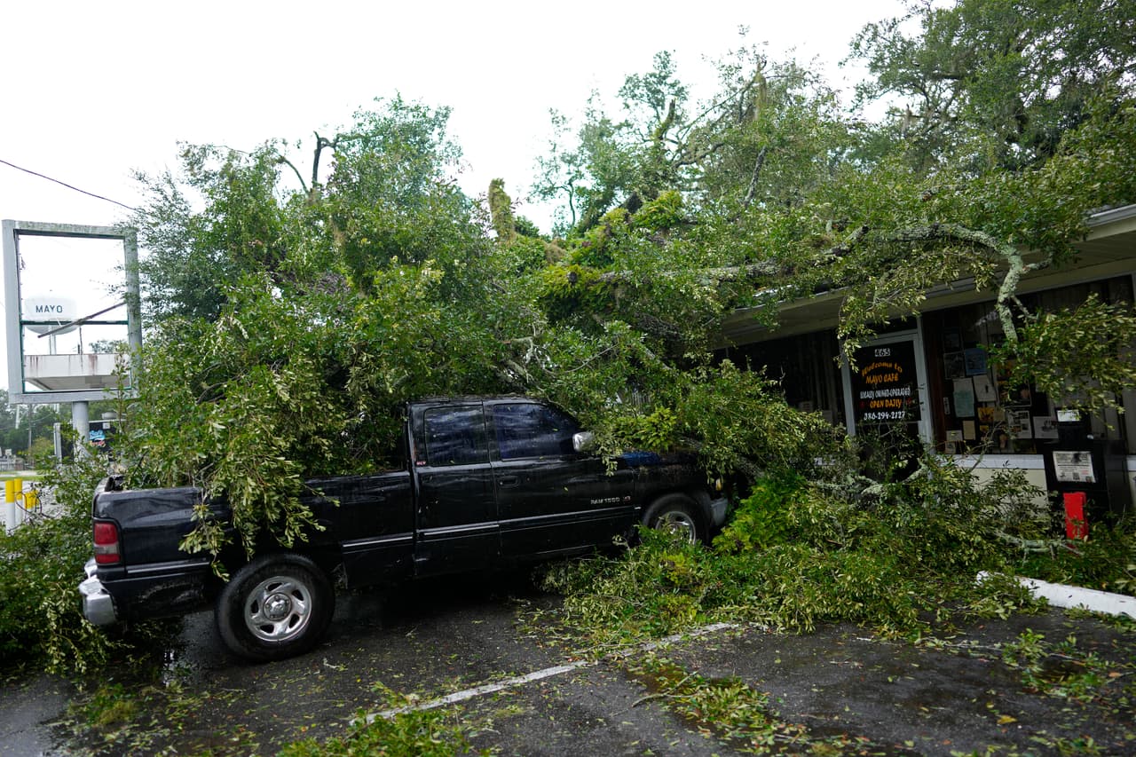 Una camioneta fue golpeada por un árbol que cayó debido a los fuertes vientos registrados en Mayo, Florida, durante el paso del Huracán Idalia.