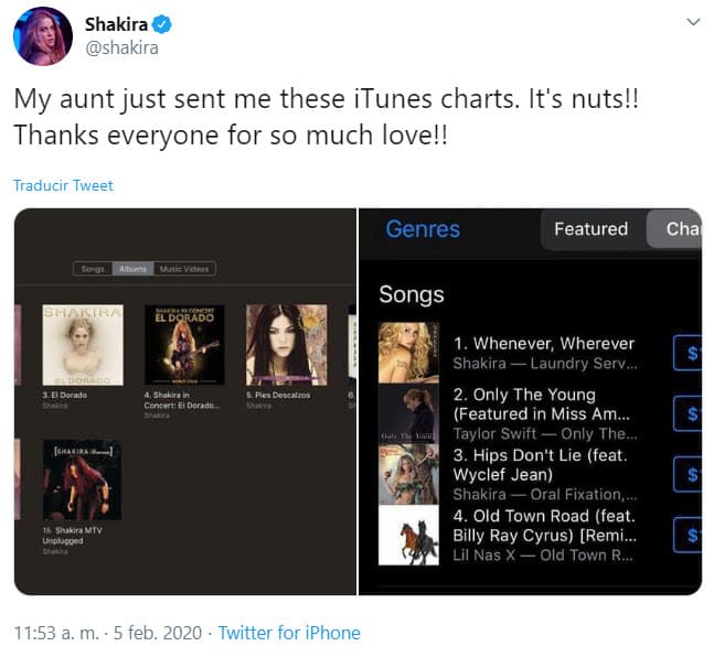 "Mi tía me acaba de enviar estas listas de iTunes. ¡Es una locura! ¡Gracias a todos por tanto amor!", se lee en la publicación.
