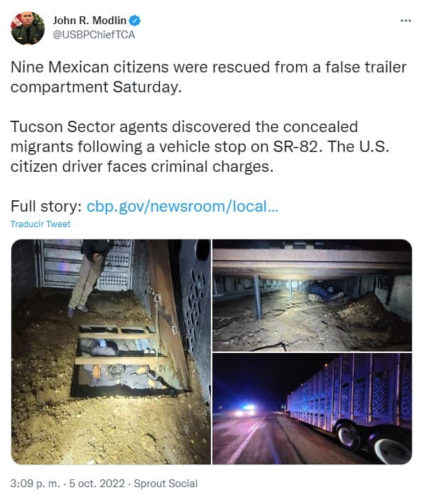 Del hallazgo dio cuenta a través de Twitter John R. Modlin, jefe de la Patrulla Fronteriza del Sector Tucson.