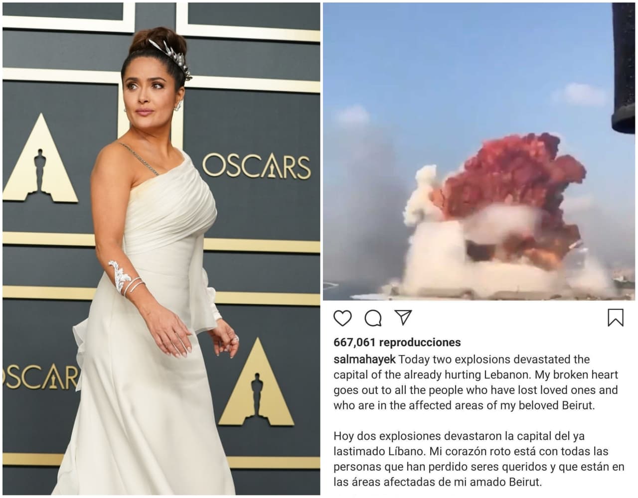 <b>Salma Hayek </b>expresó su tristeza ante la tragedia que embarga a su "amado Beirut" y mandó sus condolencias.