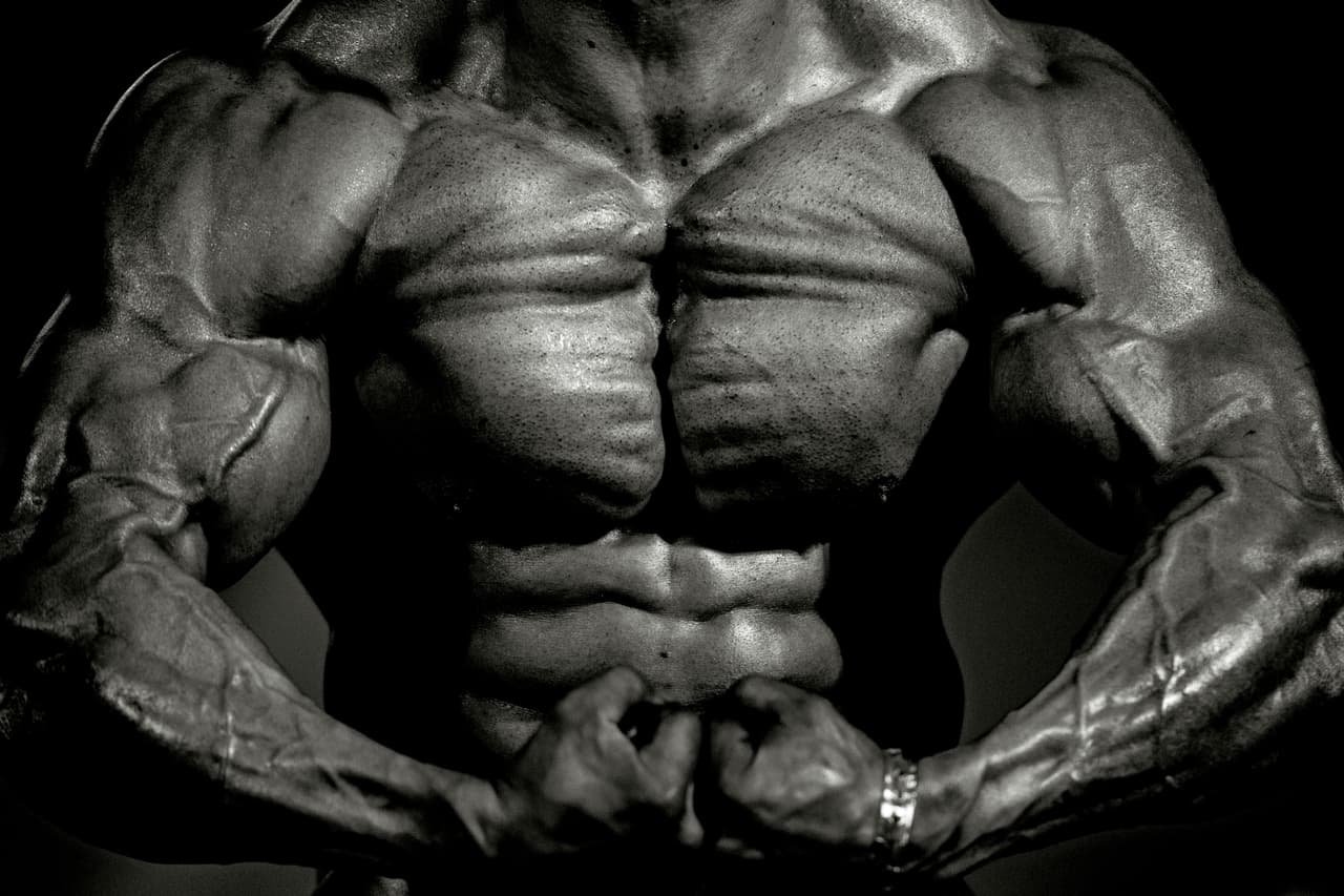 A blanco y negro y con la exposición de detalles, un atleta posa para los jueces durante la competición de culturismo como parte del Arnold Classic Europe 2016. Para ver cada detalle de la composición humana al extremo.