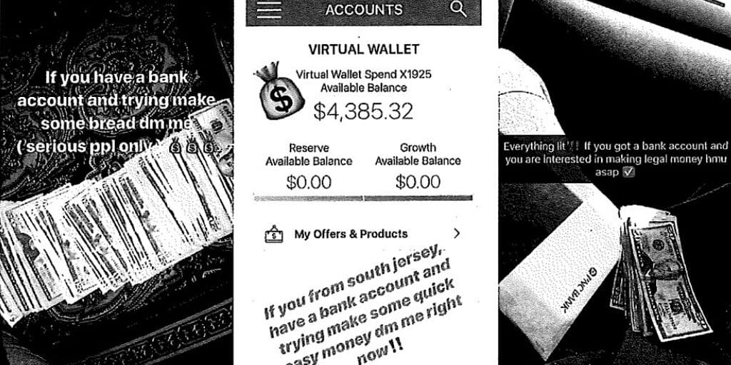 Una publicación dice: " 
<b>Si eres del sur de Jersey, tienes una cuenta bancaria y estás tratando de ganar dinero fácil y rápido, envíame un mensaje directo</b>".