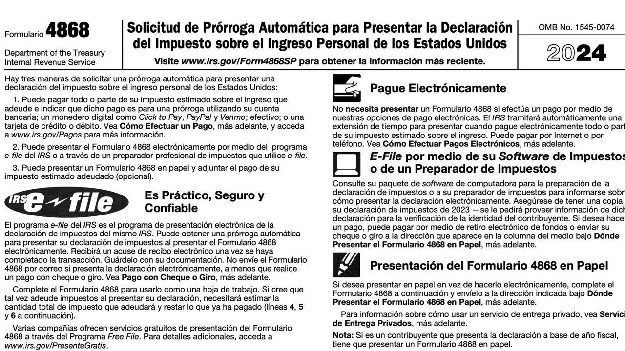 <h2 class="cms-H2-H2">3. Pide una prórroga por correo</h2>
<br>
<br>Debes llenar el Formulario 4868 (SP), Solicitud de Prórroga Automática para Presentar la Declaración del Impuesto sobre el Ingreso Personal de los Estados Unidos. 
<a href="https://www.irs.gov/pub/irs-pdf/f4868sp.pdf" target="_blank">Aquí puedes encontrarlo.</a>
<br>
<br>Lo puedes dar por correo postal, en línea o con un profesional de impuestos, como un tax preparer, como le llaman en inglés. 
<br>
<br>Este formulario tiene todas las instrucciones que necesitas para interponerlo.