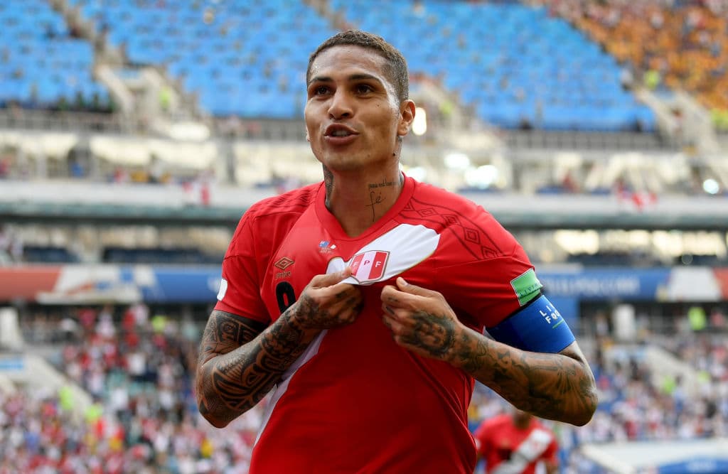 SOCHI, RUSSIA - JUNE 26: Paolo Guerrero of Peru celebrates after scoring his team's second goal during the 2018 FIFA World Cup Russia group C match between Australia and Peru at Fisht Stadium on June 26, 2018 in Sochi, Russia. (Photo by Stu Forster/Getty Images)