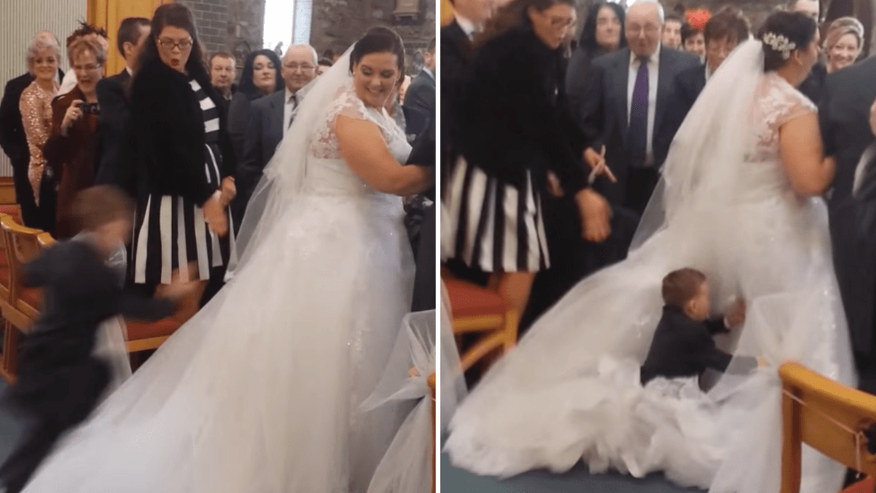 ¿Arruinó la boda? Niño se lanza al vestido de la novia cuando caminaba hacia el altar: video desata polémica