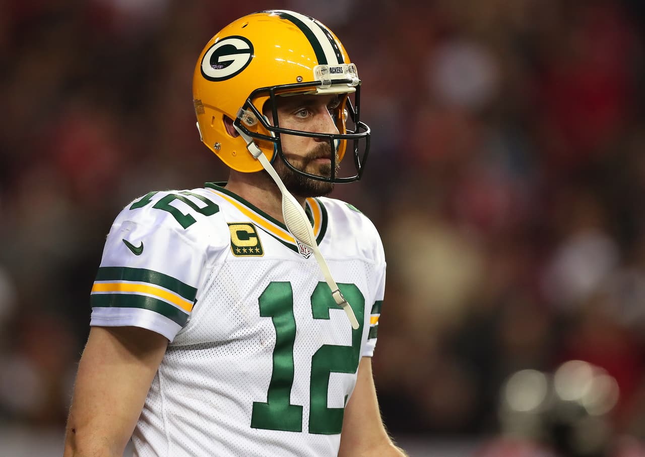 ATLANTA, GA - JANUARY 22: Aaron Rodgers #12 of the Green Bay Packers reacts during the fourth quarter against the Atlanta Falcons in the NFC Championship Game at the Georgia Dome on January 22, 2017 in Atlanta, Georgia. (Photo by Tom Pennington/Getty Images)