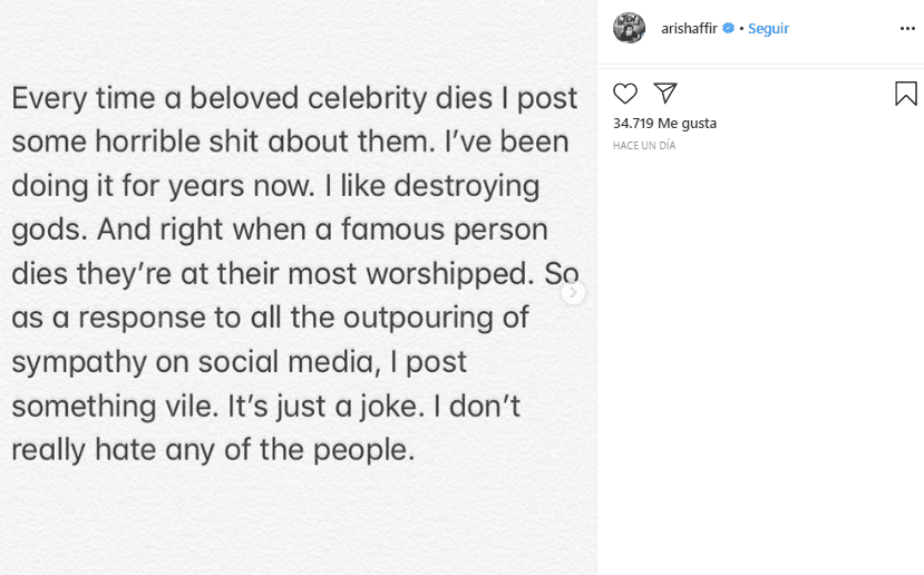 El comediante acudió a 
<a href="https://www.instagram.com/p/B73EHlTFrBy/" target="_blank">Instagram</a> donde ofreció una extensa explicación sobre por qué realizó esa broma.