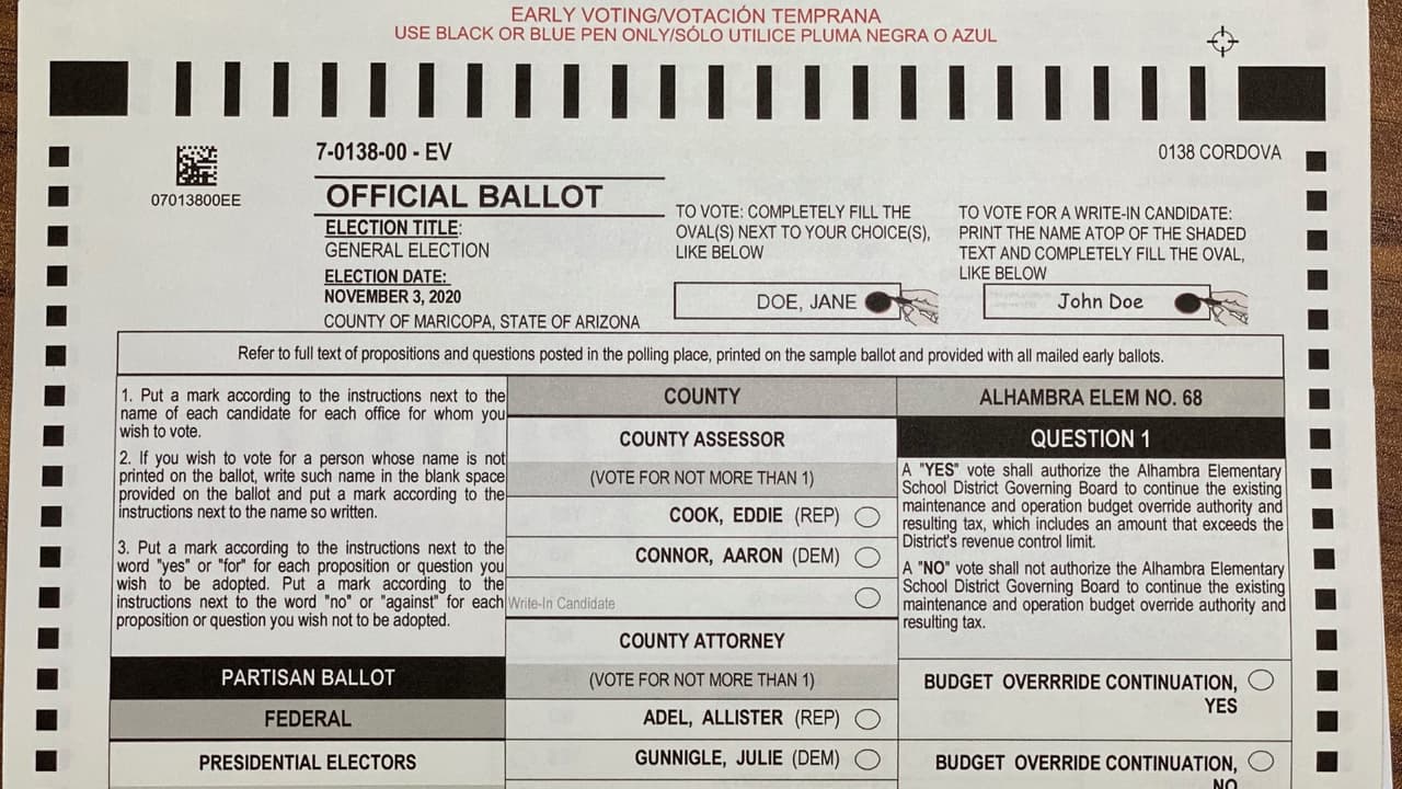 Esta es una boleta electoral del condado Maricopa, en ella incluye las contiendas del condado y del distrito.