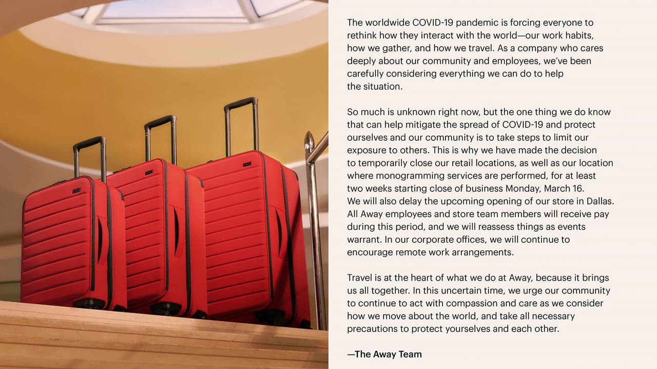 Las tiendas Away estarán cerradas por lo menos dos semanas, pero sus empleados recibirán sus pagos sin cambio alguno.