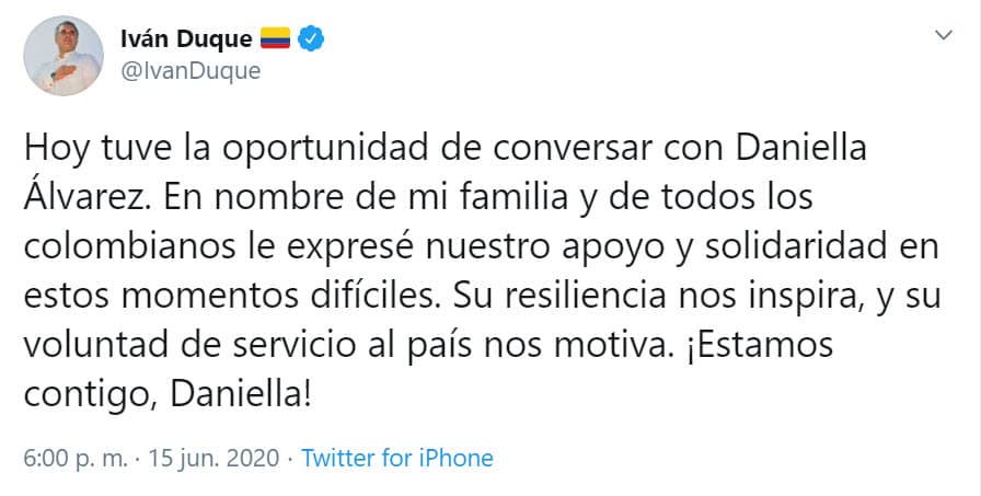 "
<b>Su resiliencia nos inspira</b>, y su voluntad de servicio al país nos motiva. ¡Estamos contigo, Daniella!". 
<br>