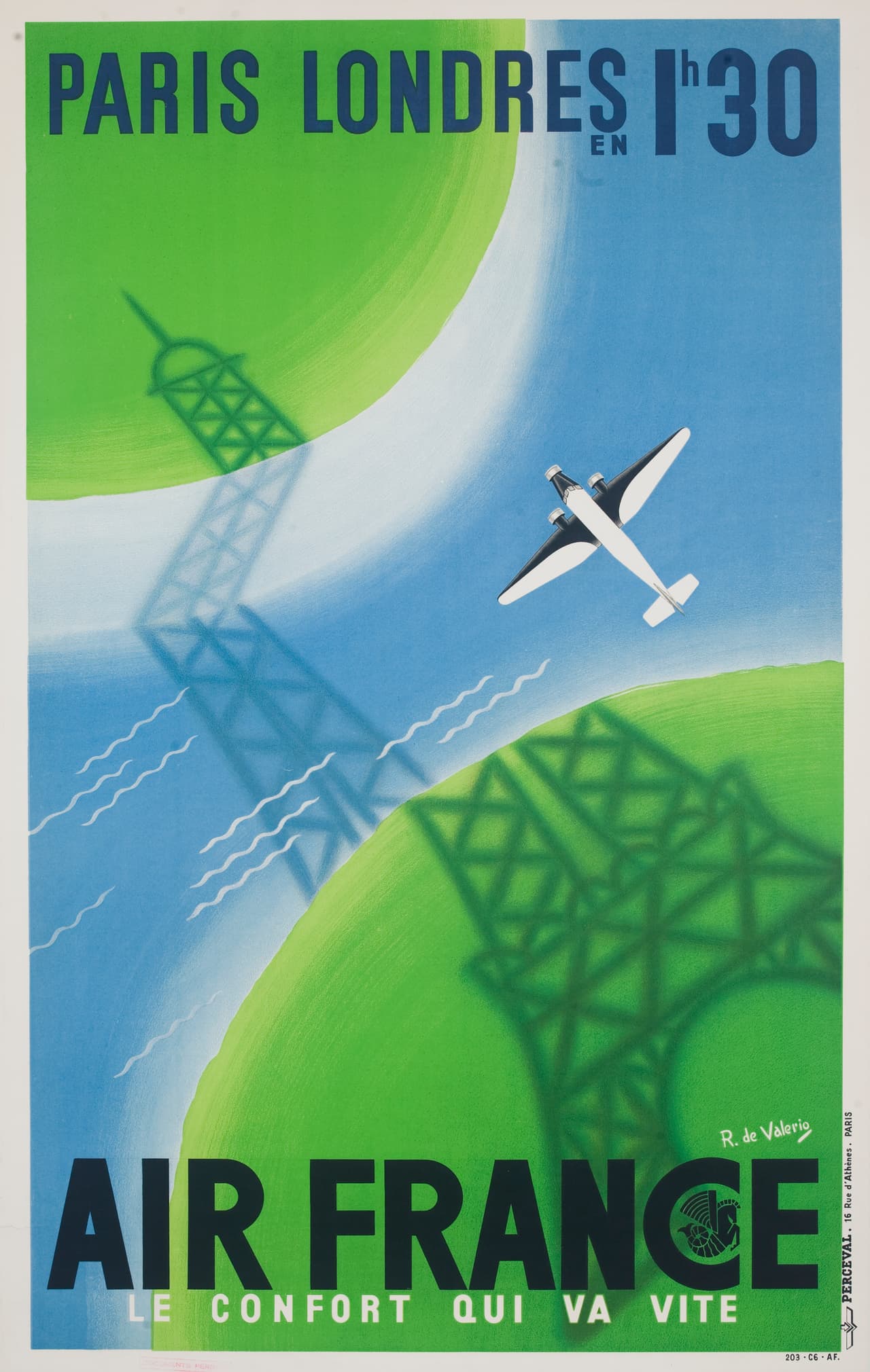 Un antiguo póster de Air France, que muestra la sombra de la Torre Eiffel y que promociona la ruta París-Londres en 1:30 horas.
