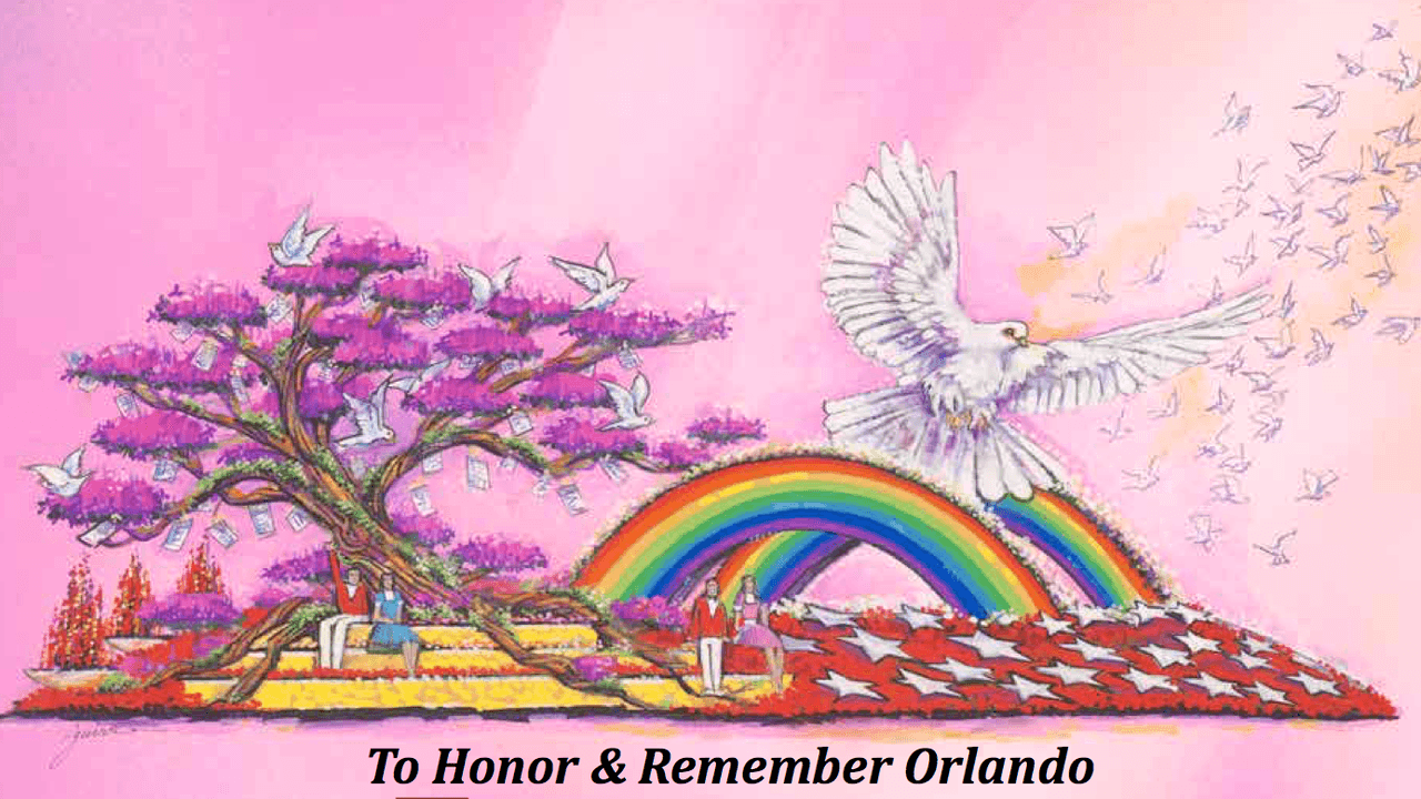 Diseño de la carroza en honor a las víctimas de Orlando.