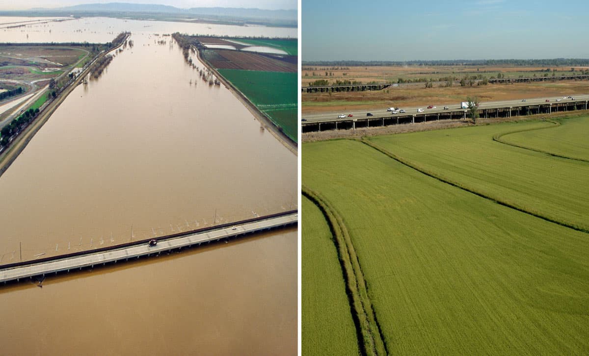 Imagen muestra el Yolo Bypass en 1997 (izq) y 2009 (der).