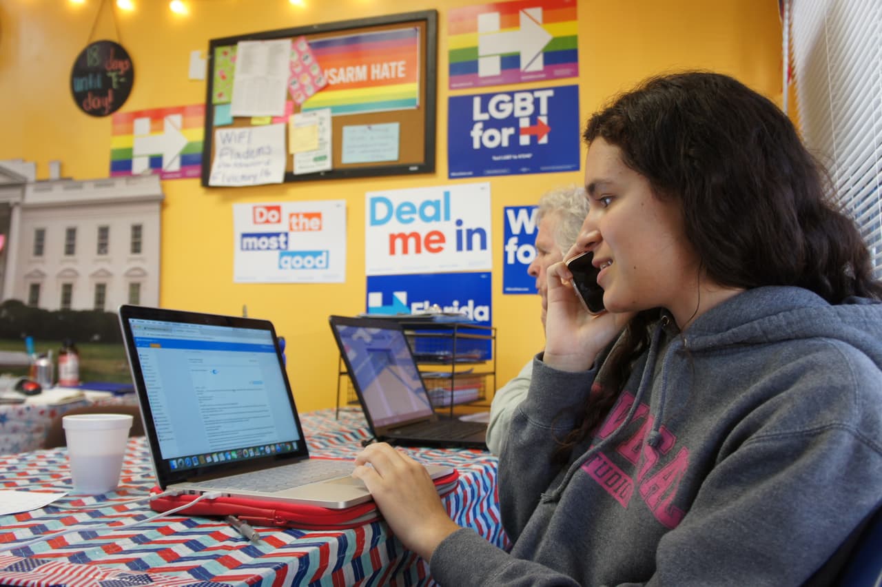 Hilary Delgado, 16, makes calls after school with fellow volunteers.