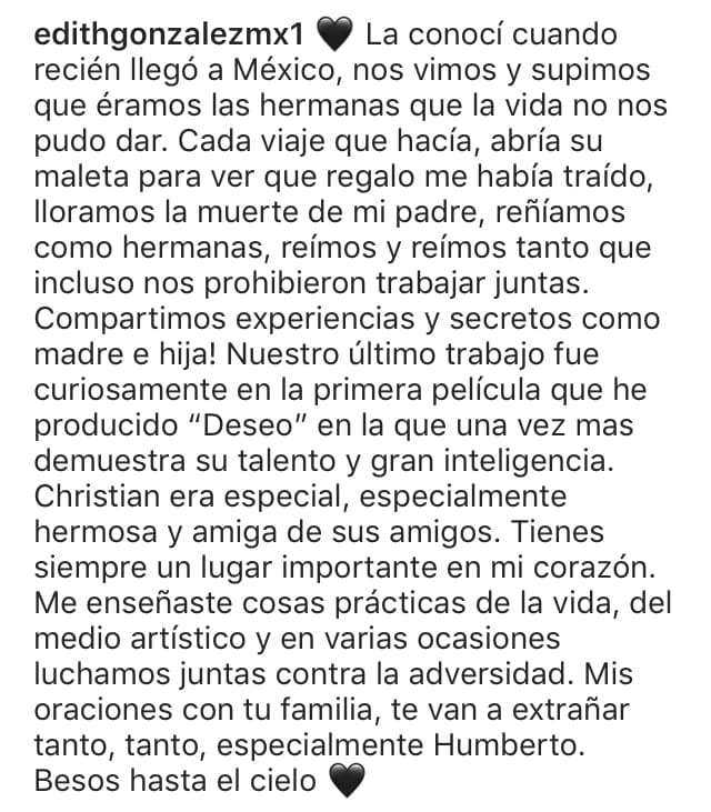 Fue con este mensaje en redes sociales como González le dio el último adiós a su querida amiga, quien falleció el 26 de febrero de 2019.