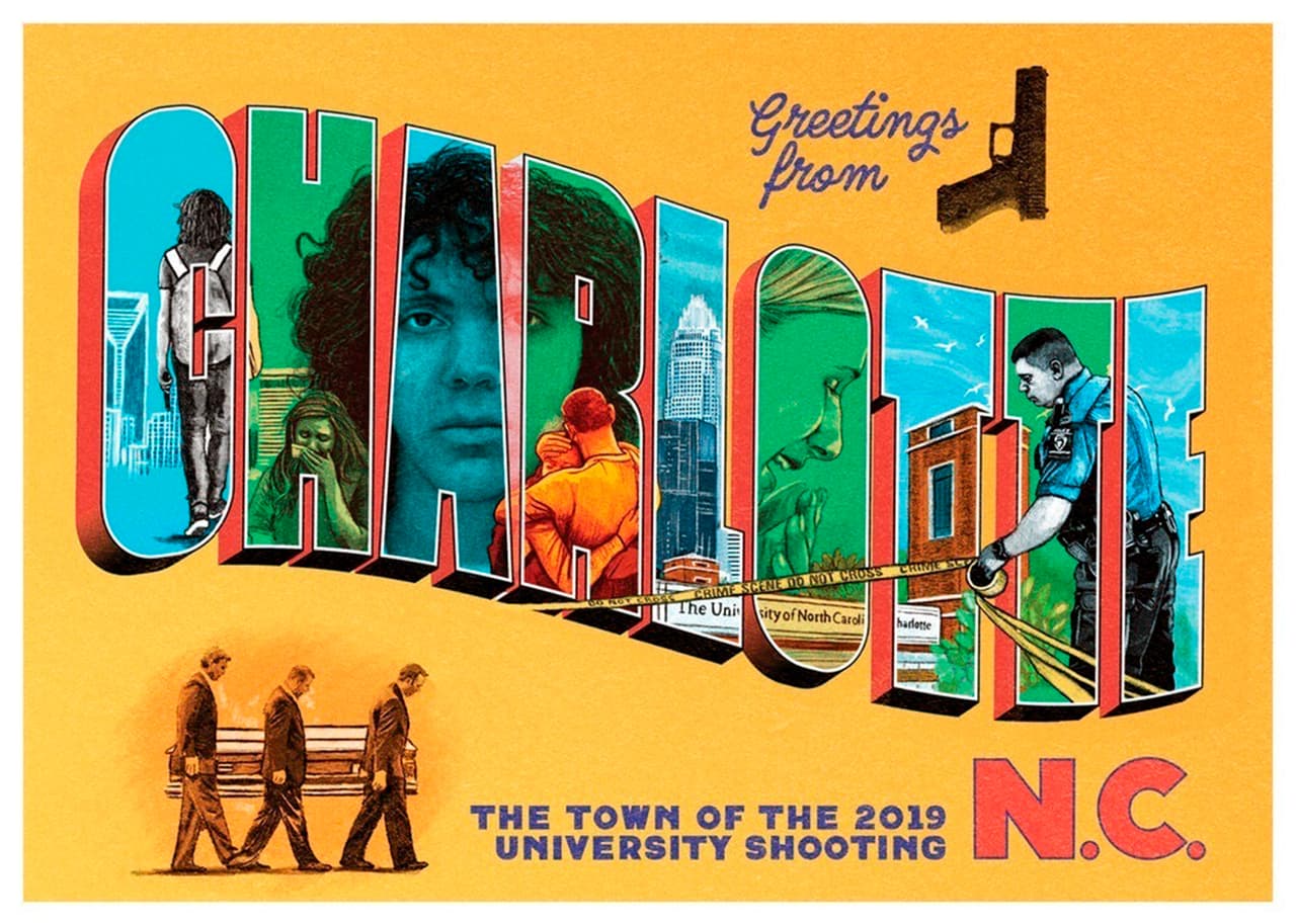 <b>“Saludos desde Charlotte, la ciudad del tiroteo en una universidad en 2019”.</b> El particular diseño de cada postal incluye escenas de cada tragedia ilustrada dentro de las letras. Esta postal explica que el 30 de abril de 2019 “un pistolero entró en una habitación llena de estudiantes y comenzó a disparar al azar. Envió a seis personas al hospital y dos fueron declaradas muertas a su llegada”.