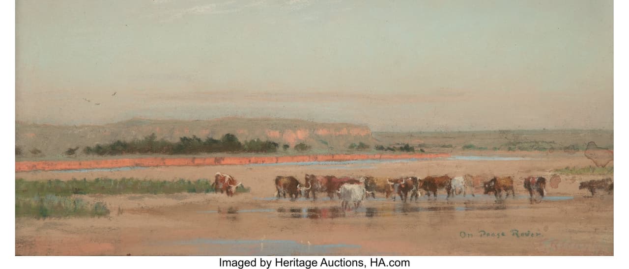 On Pease River" de Reaugh, un maestro del pastel conocido por sus retratos al aire libre del Oeste Americano y del ganado de Texas, fue una de las piezas destacadas del evento