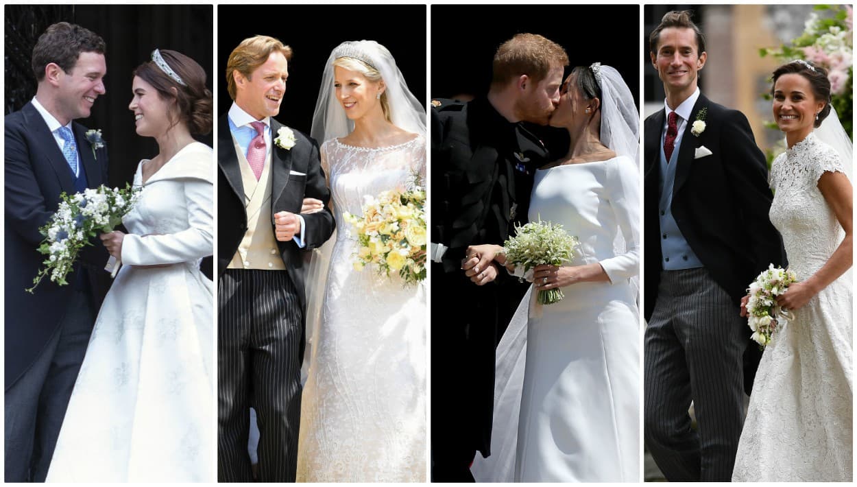 En un año, la realeza británica ha celebrado tres bodas. Desde la izquierda, 
<b><a href="https://www.univision.com/entretenimiento/realeza/en-fotos-la-boda-de-la-princesa-eugenie-con-jack-brooksbank-fotos">la princesa Eugenie y Jack Brooksbank</a></b>, 
<b><a href="https://www.univision.com/famosos/lady-gabriella-se-caso-con-thomas-kingston-y-el-principe-harry-si-llego-a-la-boda-pero-sin-meghan-ni-archie-fotos" target="_blank">Lady Gabriella Windsor y Thomas Kingston</a></b> y 
<b><a href="https://www.univision.com/estilo-de-vida/bodas/revive-la-boda-del-principe-harry-y-meghan-markle-asi-te-la-contamos">Meghan Markle con el príncipe Harry</a></b>. Además, en 2017, varios de los miembros de la familia real asistieron y participaron en la boda de 
<b>Pippa Middleton con James Matthews</b>. Ella es la hermana de Kate Middleton, esposa del príncipe William, futuro rey de Inglaterra.