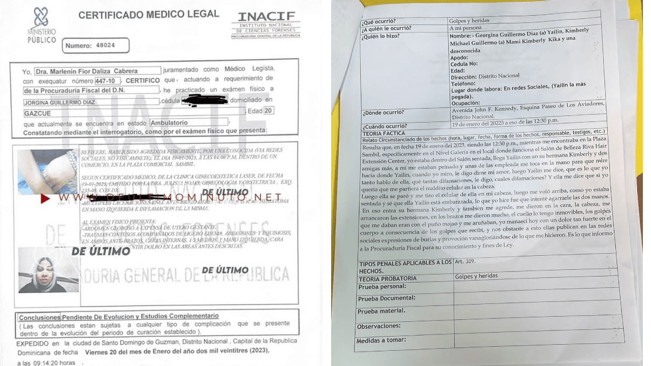 Certificado que avala la agresión hacia Yailin; en la segunda imagen se muestra la declaración de Mey Feliz, en la que acusa a la esposa de Anuel de golpearla.
