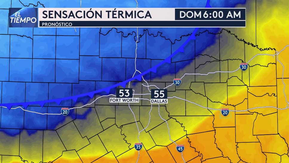 La sensación térmica será de 53 para Fort Worth y de 55 en Dallas para el domingo a las 6:00 am.
