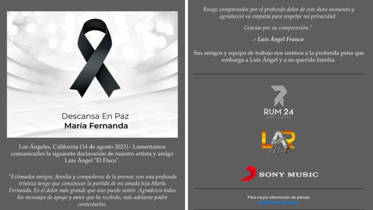 Comunicado de prensa de Luis Ángel 'El Flaco' por la muerte de su hija.