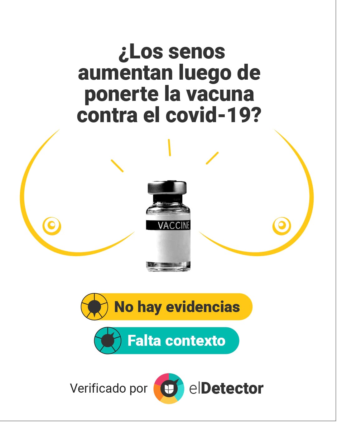 El aumento del tamaño de los senos no está entre los efectos secundarios publicados por los CDC. ¿Qué más dice la evidencia? 
<a href="https://www.univision.com/noticias/no-evidencias-aumento-senos-vacuna-covid-19-verificamos-mensaje-tiktok">Esto es lo que descubrimos en nuestra verificación de <b>elDetector</b></a>. 
<br>