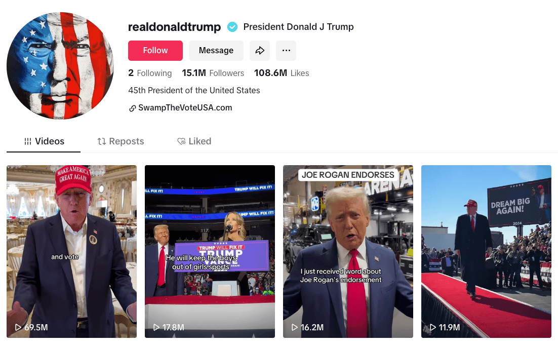 Imagen de la cuenta de Trump en TikTok, donde tiene más de 15 millones de seguidores.