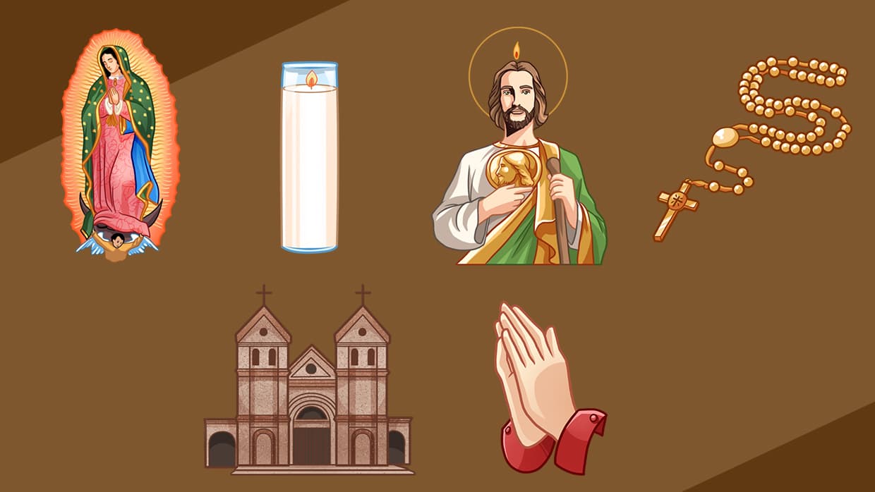 Por último, no pueden faltar los 'emojis' con temáticas religiosas como la Virgen de Guadalupe, San Juditas Tadeo y un rosario.