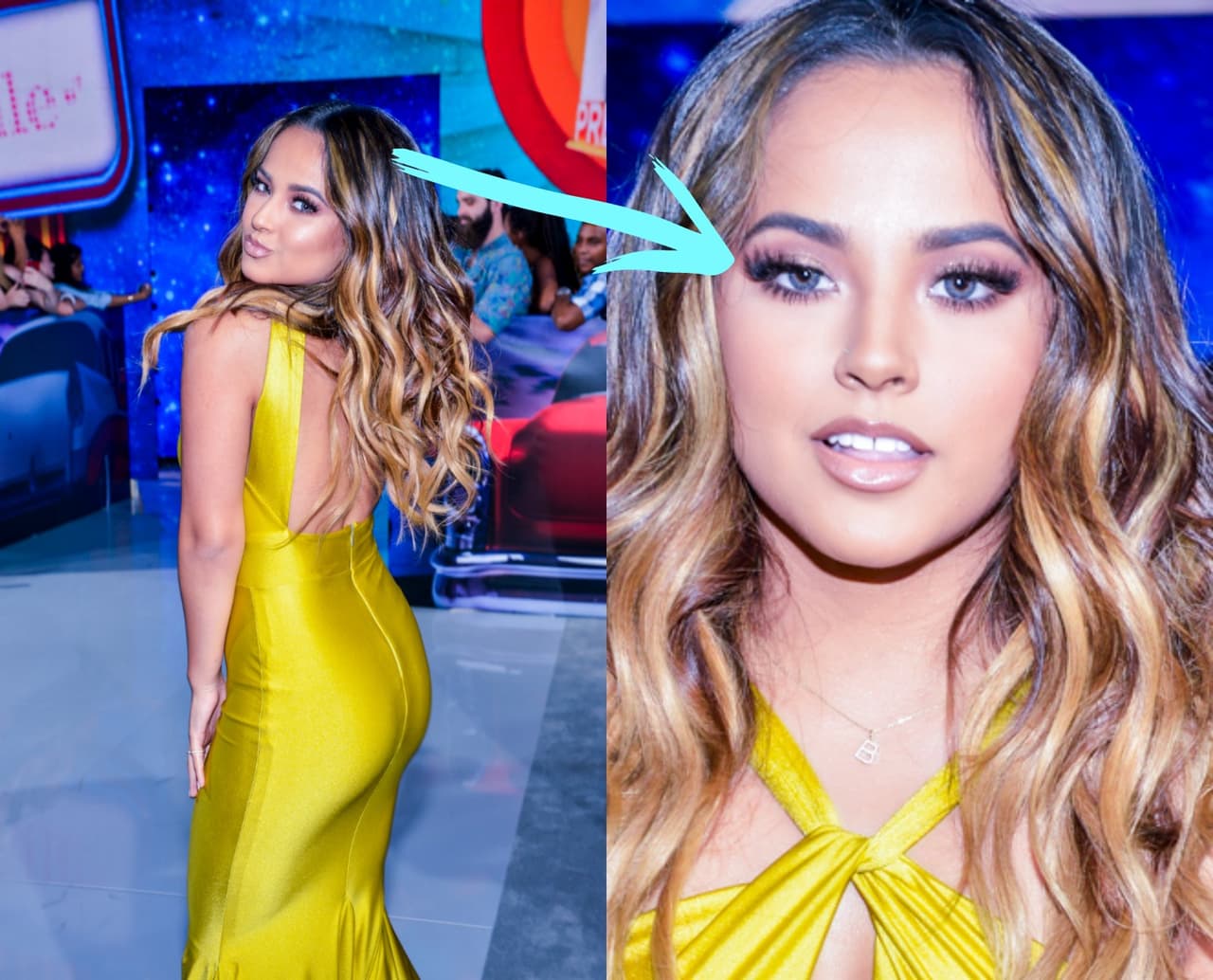Becky G llegó bellísima en un vestidó amarillo mostaza, pero no sólo eso, ya que se puso lentes de contacto en azul.