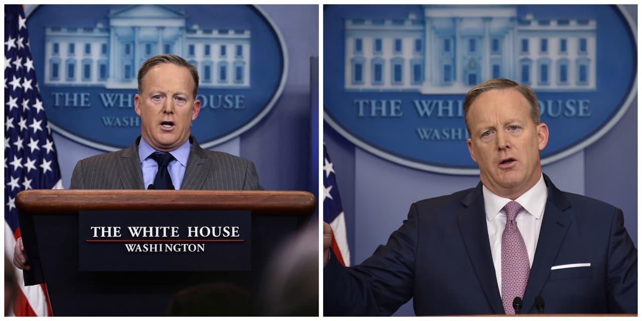 <b>2. Llevó el taje equivocado</b>
<br>En su primera aparición en público como jefe de prensa del gobierno de Donald Trump, expertos en moda -y también sus más desprevenidos testigos- pudieron darse cuenta cómo su saco gris de raya tiza era unas cuantas tallas más grande, parecía flotar sobre sus hombros y dejaba un vacío imperdonable entre el cuello del saco y el de la camisa. Esa misma tarde se le vió con otro traje, un poco más apropiado.
<br>
<br>