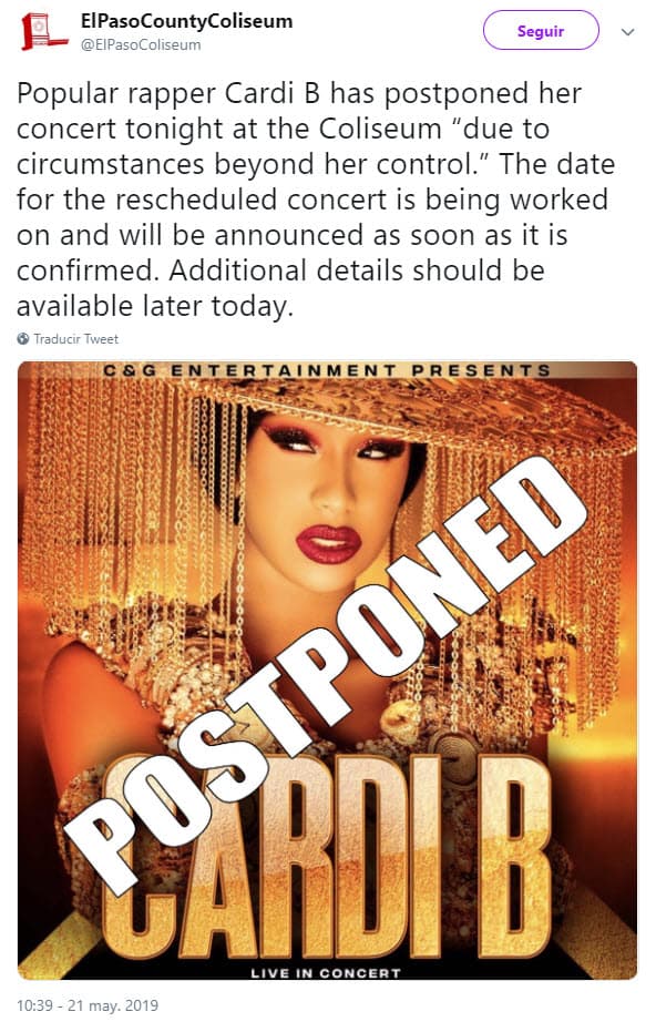 Este martes 21 de mayo tenía otra presentación en un recinto de El Paso, Texas, evento que también fue pospuesto "debido a circunstancias fuera de su control", se informó en la cuenta de Twitter del lugar.
<br>