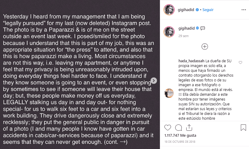 La agencia que representa al fotógrafo reclamó los derechos y la modelo se apresuró a eliminar la imagen y publicar un mensaje al respecto en donde subrayó que se le hacía "absurdo" que la demanden, ya que consideró que los paparazzos hacen dinero vigilando a las modelos.