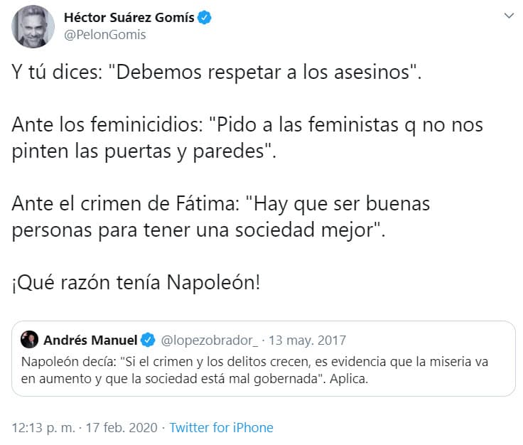 El actor 
<b>Héctor Suárez Gomís</b> retomó una publicación de Andrés Manuel López Obrador para mostrar su descontento ante la crisis de violencia por la que atraviesa México.