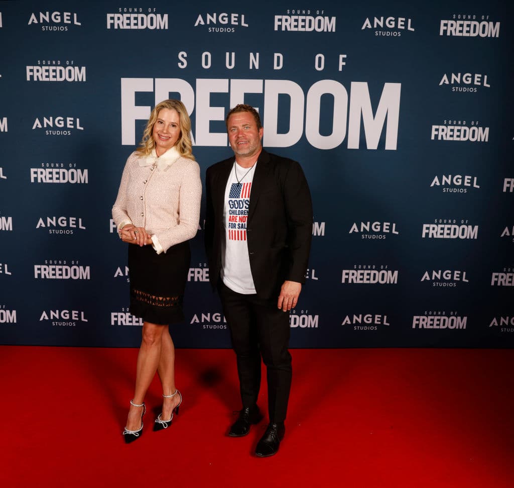 Mira Sorvino and Tim Ballard attend the premiere of "Sound of Freedom" on June 28, 2023 in Vineyard, Utah.